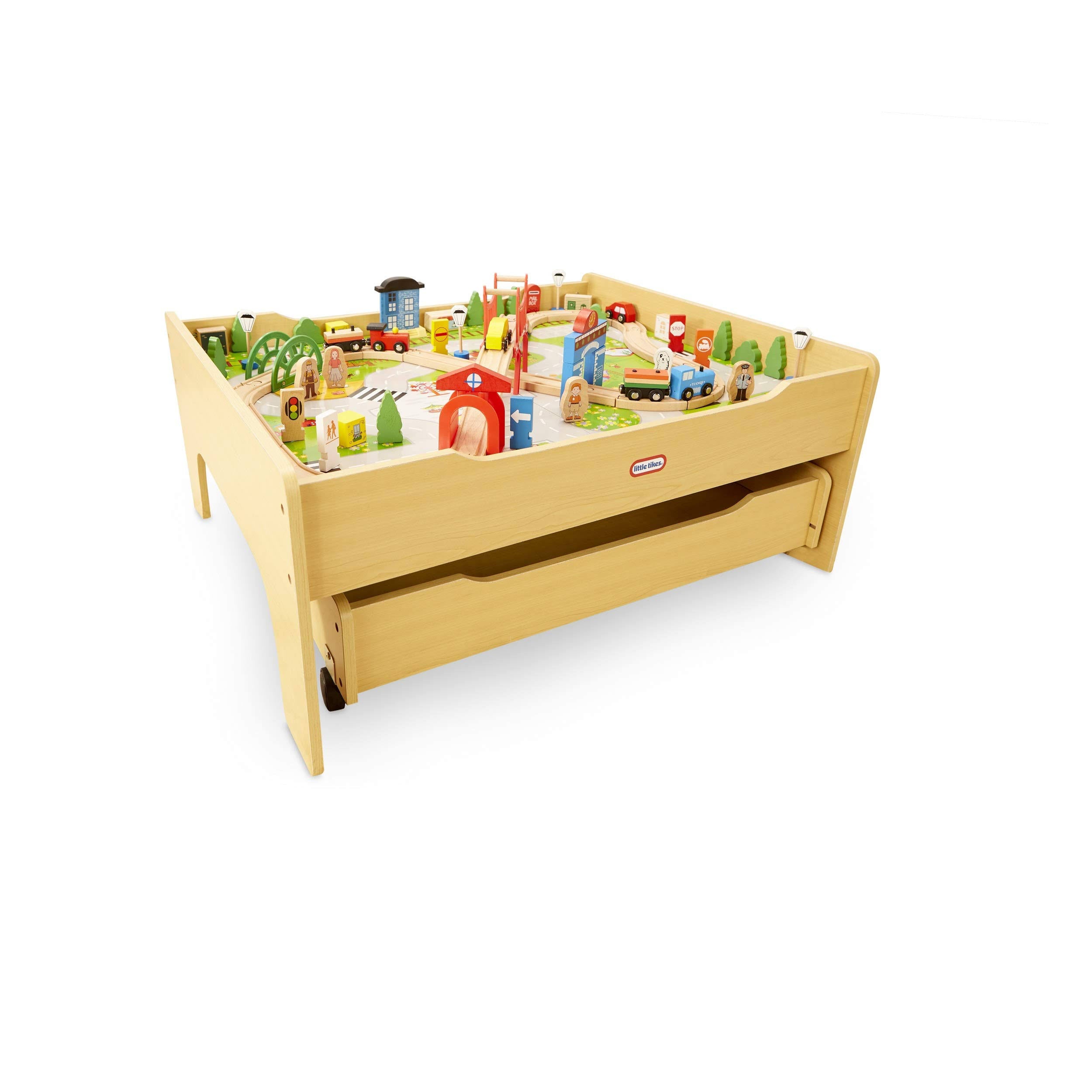 Deluxe Over 80 Piece Hand Painted Wooden Train Table Set with Tracks, Trains & Accessories E75051