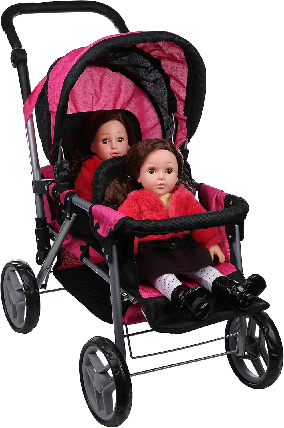 Hot Pink & Black Foldable Twin Doll Stroller with Basket L80521